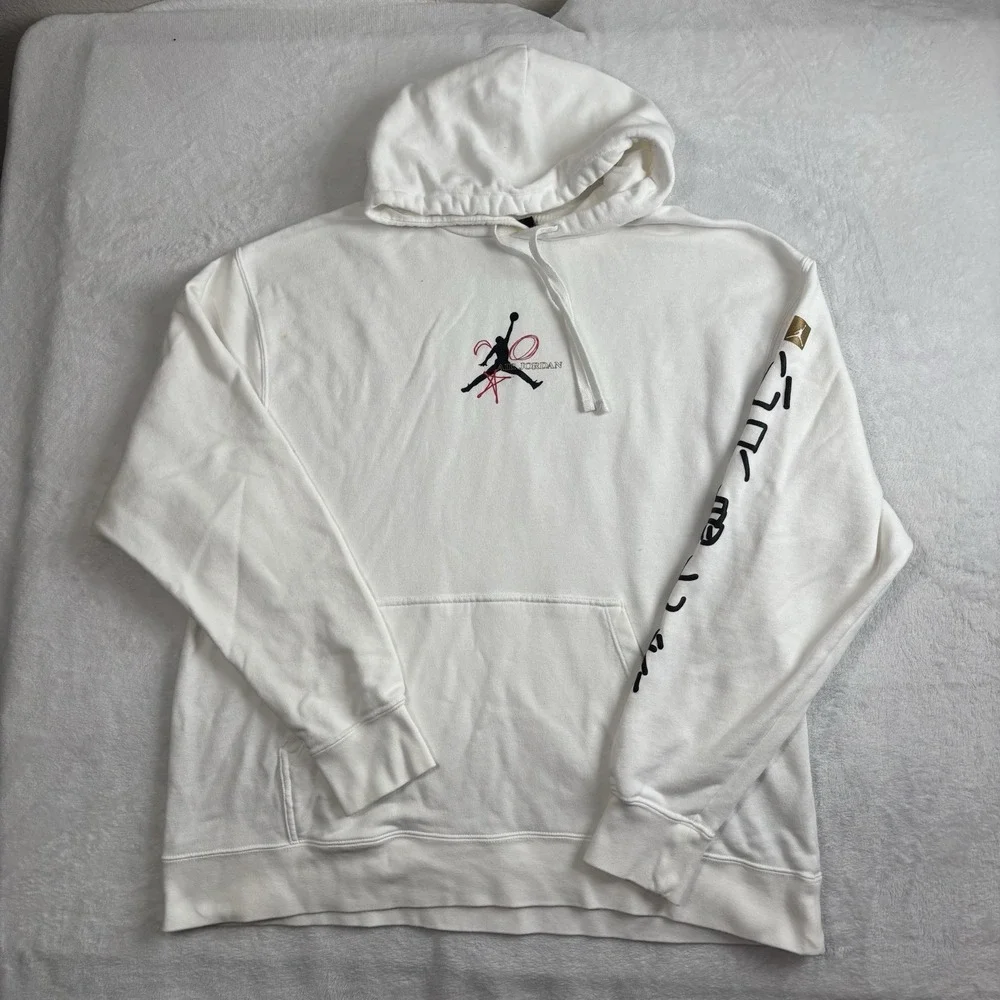 Jordan White Pullover Long Sleeve Legacy FIBA Hoodie Men's‎ XL Stain